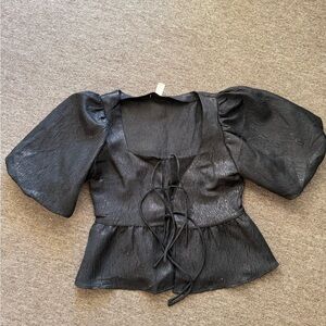 H&M Black Puff-Sleeve Tie-Front Blouse